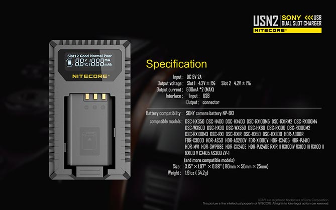 1020008_E.jpg - Nitecore USN2 Battery Charger for Sony NP-BX1